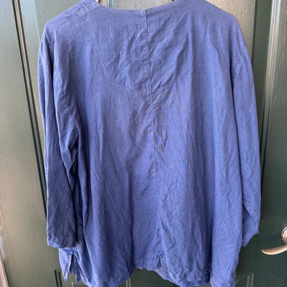 Mosaic Blue 100% Linen Lagenlook Boxy Oversized Button Top XL Made in USA - Picture 4 of 6